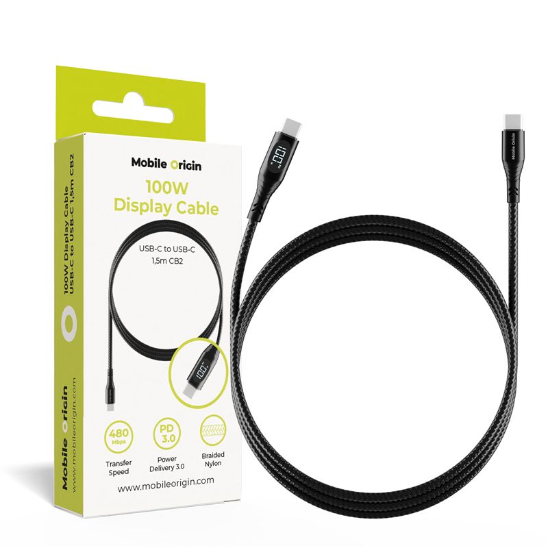Cablu date si incarcare Mobile Origin USB-C la USB-C 1.5m 100W cu afisaj